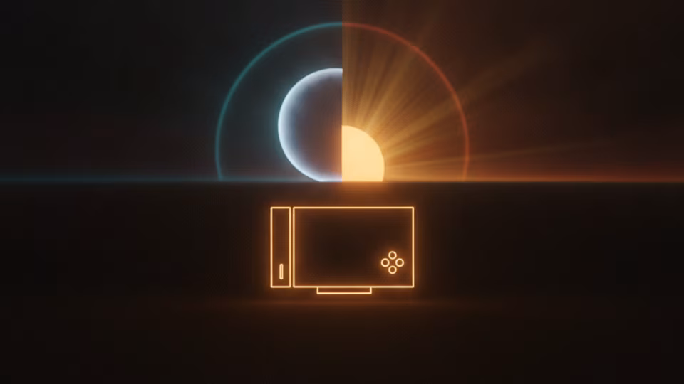 Moon and sunrise above a glowing games console silhouette