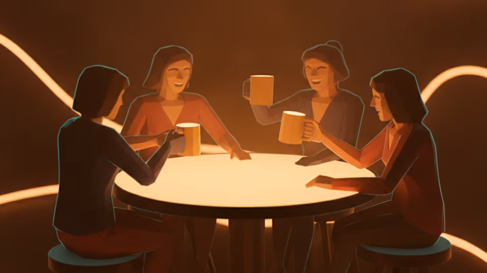 Four players celebrating around a glowing round table